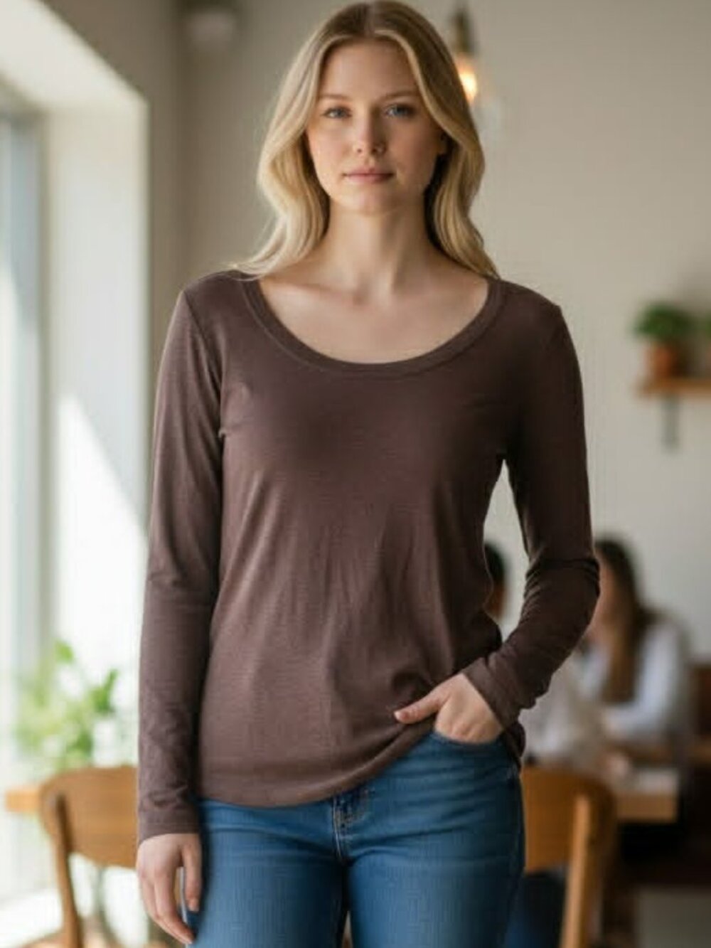 Michael Stars Size OS The Original Tee Brown Long Sleeved Women's Top